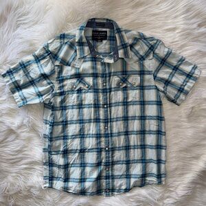 Cody James Men’s Light Blue Plaid Pearl Snap Short-Sleeve Shirt